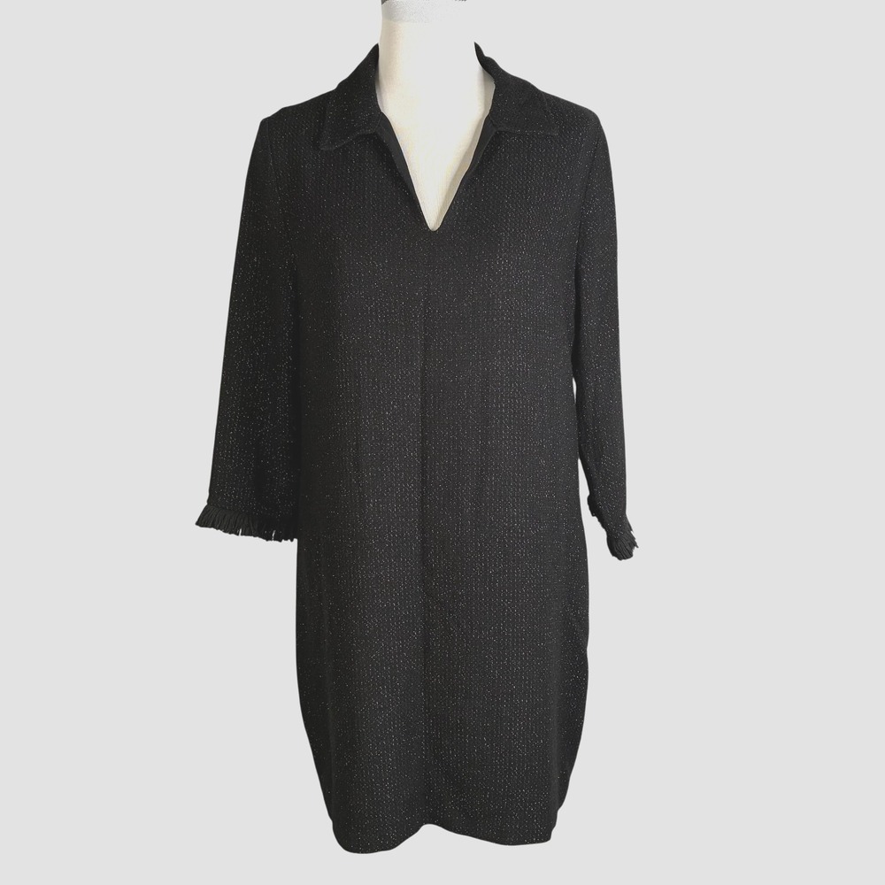 Maven West Black and Silver Fringe Cuffs V-Neck 3/4 Sleeve Sparkle Dress Size Lg
